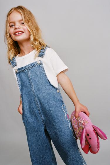 WAVY AND FLORAL EMBROIDERED DENIM DUNGAREES - Blue by Zara