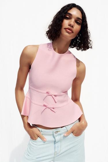 KNIT PEPLUM TOP WITH TIES - Pink by Zara