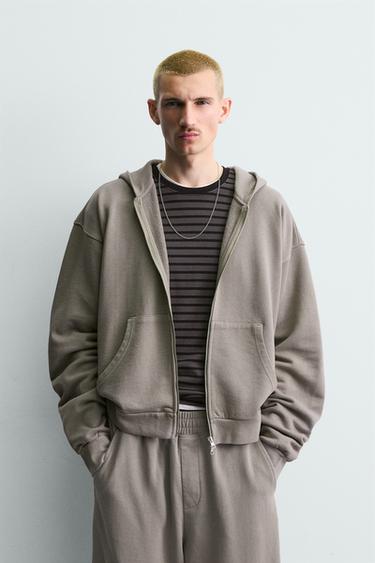 SWEAT DÉLAVÉ ZIPPÉ À CAPUCHE - Gris clair de Zara