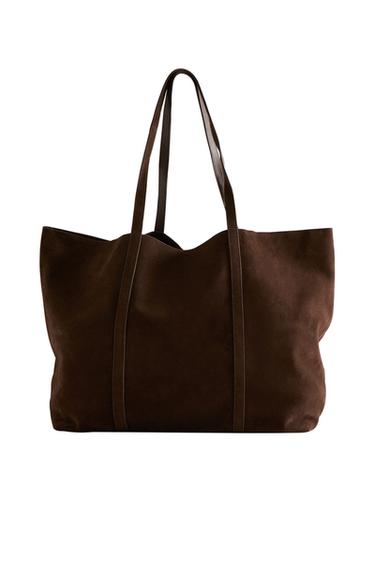 SPLIT SUEDE LEATHER TOTE BAG - بني شوكولا الخاص بـ Zara