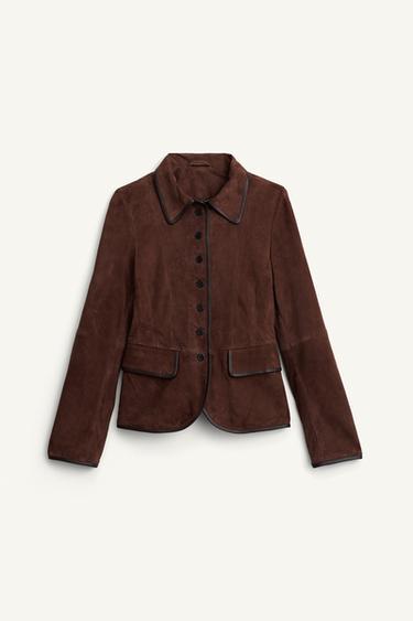 Zara FITTED SUEDE LEATHER BLAZER LIMITED EDITION - Chocolate
