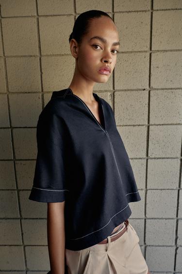LINEN BLEND SHIRT WITH CONTRAST TOPSTITCHING - Navy blue by Zara - Image 2