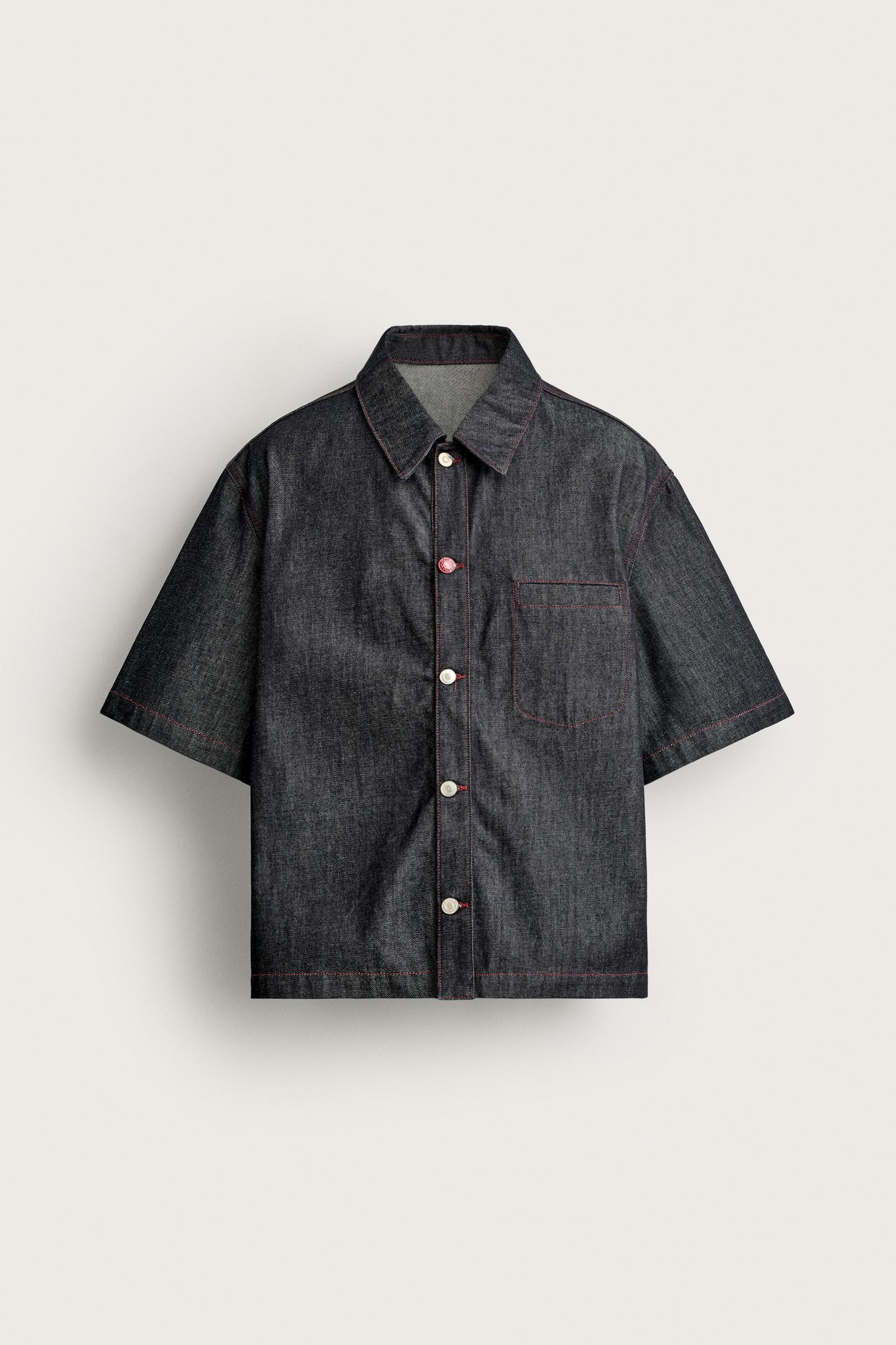 Мужская рубашка Zara Contrast Button Denim Overshirt, цвет: Индиго — фото 7