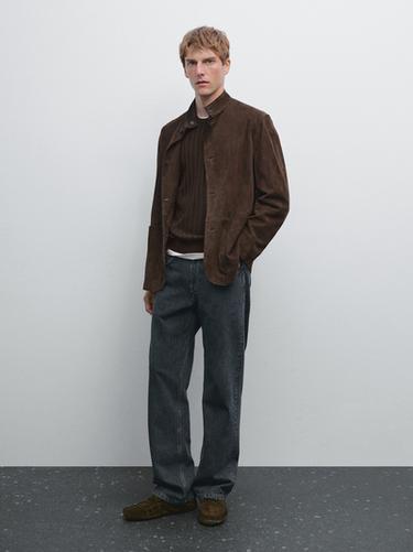 Zara Suede leather stand collar jacket - Chocolate