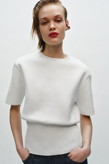 KNIT SHORT SLEEVE JUMPER WITH SHOULDER PADS - White by Zara