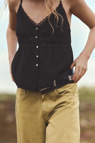 Zara EMBROIDERED LACE TOP - Black