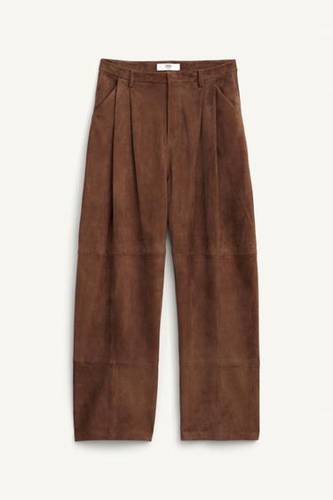 Zara 100% SUEDE PLEATED PANTS LIMITED EDITION - Brown / Taupe