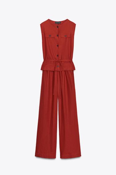 LINEN BLEND WAISTCOAT JUMPSUIT - Brick by Zara