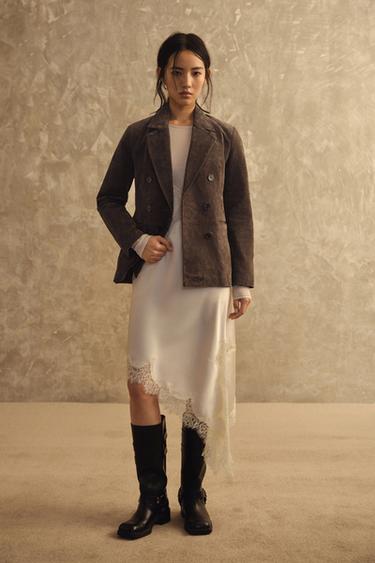 Zara 100% 皮革雙排扣西裝外套 - 卡其色