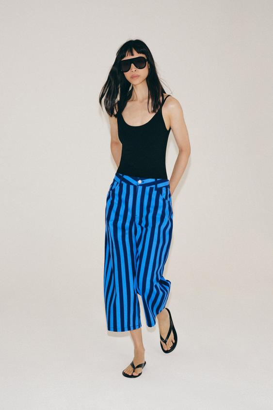 JEANS ZW COLLECTION TAPERED TIRO ALTO RAYAS - Azulón de Zara - Imagen 0