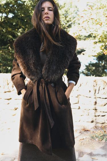 FAUX FUR COLLAR BELTED COAT — Brown 1