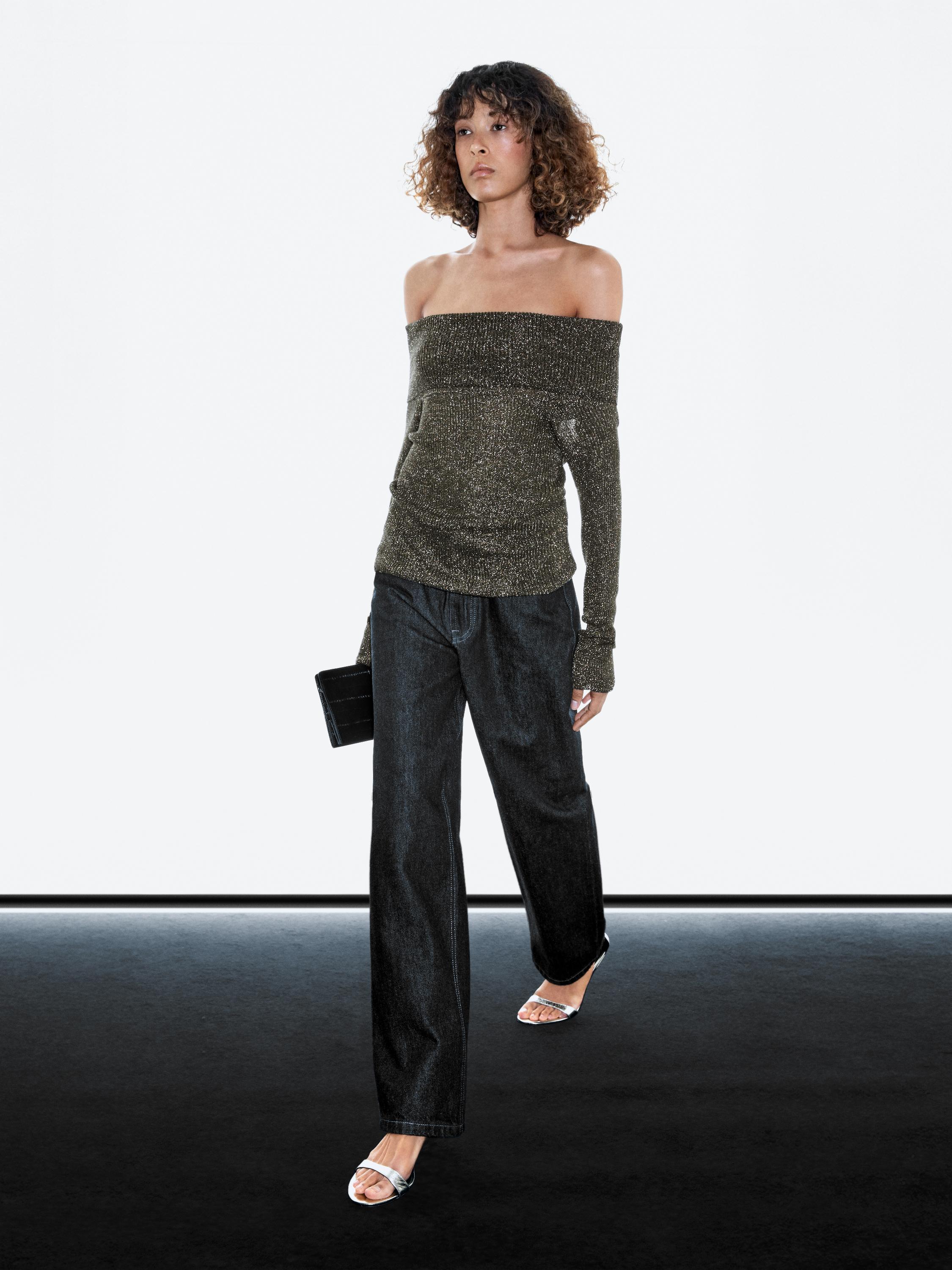 Zara Off-the-shoulder knit sweater with metallic finish at Mall of