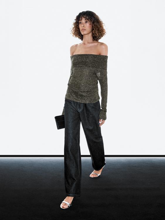 Off-the-shoulder knit sweater with metallic finish