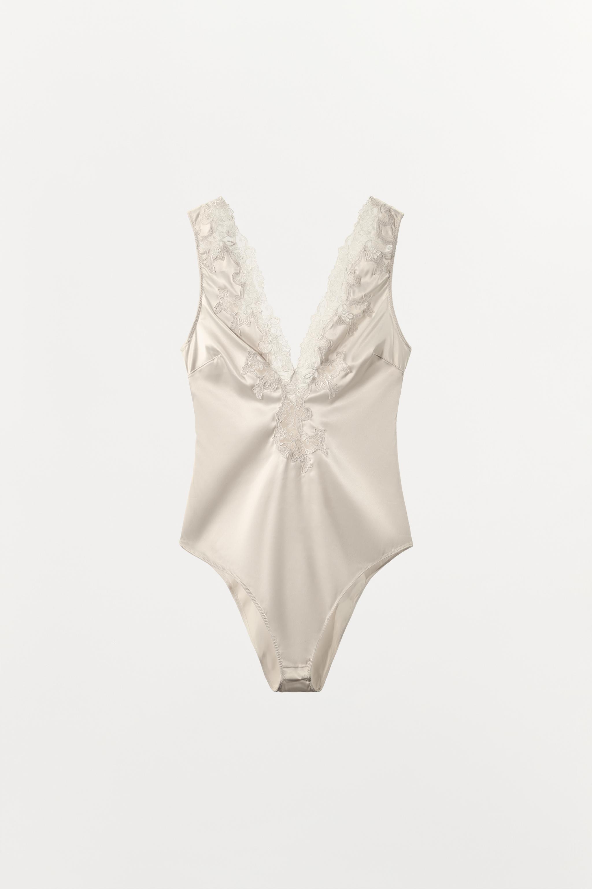 ZW COLLECTION SATIN EFFECT LACE BODYSUIT - Oyster-white | ZARA Canada