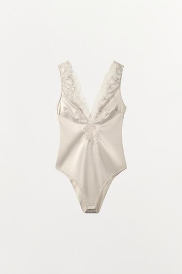 ZW COLLECTION SATIN LACE BODYSUIT - Oyster-white by Zara