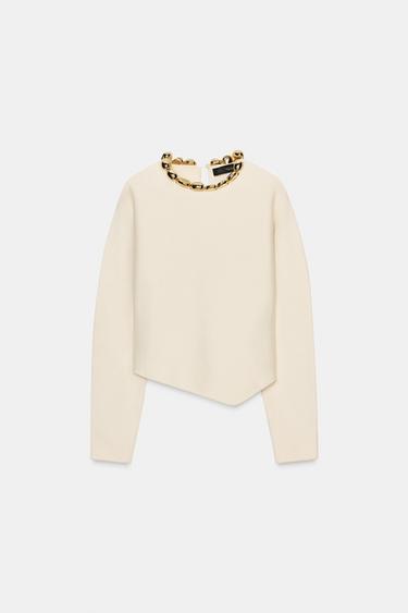 Zara KNIT BEADED NECK JUMPER - Ecru
