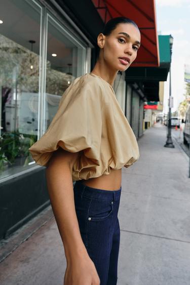 TOP BALLON EN POPELINE - Marron clair de Zara - Image 2