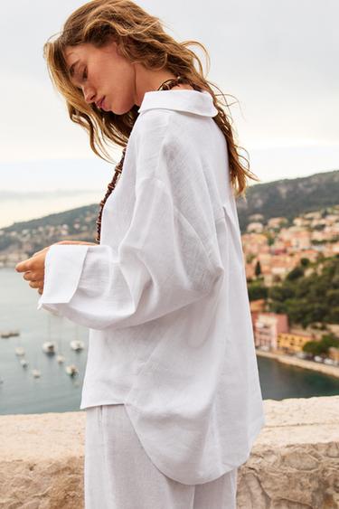 LINEN BLEND BLOUSE WITH POLO COLLAR - White by Zara
