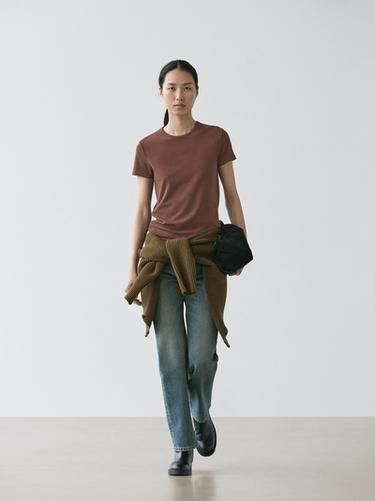 Zara Lyocell blend short sleeve T-shirt - Brown - Image 0