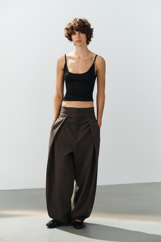 Zara STRIPED PLEATED BALLOON PANTS - Brown Stripes - Image 0