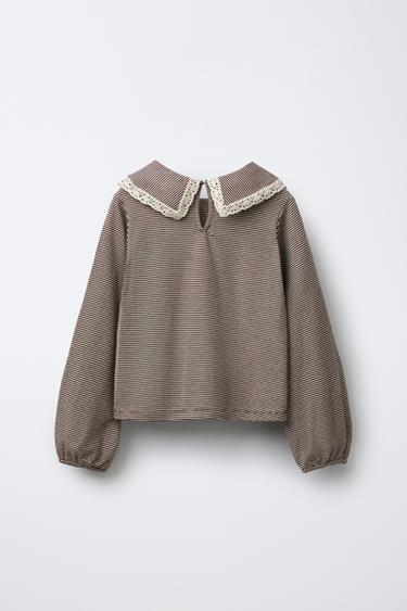 STRIPED T-SHIRT WITH PETER PAN COLLAR AND LACE TRIM - striped by Zara - Image 1