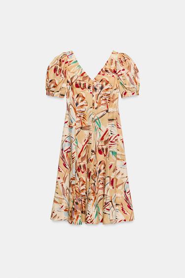 فستان متوسط الطول بطبعة وأكمام منفوخة - متعدد الألوان by Zara