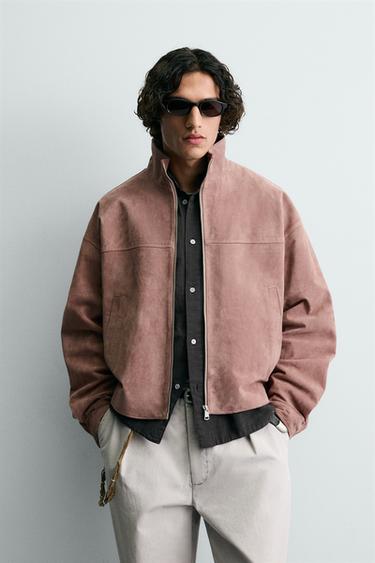 CROPPED FIT LEATHER SPLIT SUEDE JACKET - Pastel pink by Zara