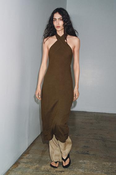 ROBE MI-LONGUE HALTER EN MAILLE - Kaki de Zara - Image 4