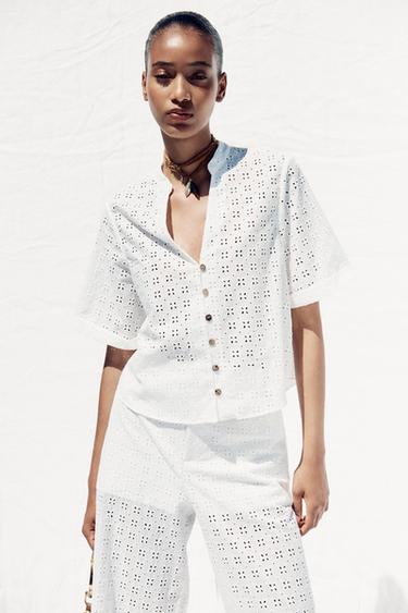 CAMISA CORTA BORDADOS PERFORADOS - Blanco de Zara