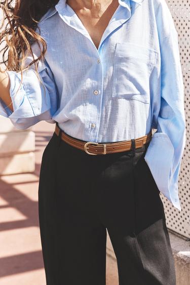 PANTALON DROIT AVEC CEINTURE EN LIN - Noir de Zara - Image 1