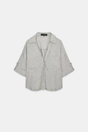 Zara STRIPED LINEN SHIRT - Khaki