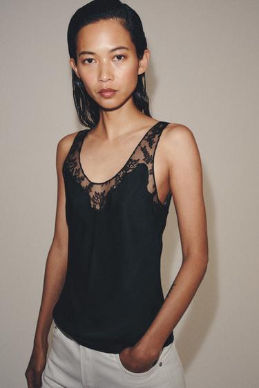 Zara ZW COLLECTION LACE CAMISOLE TOP - Black