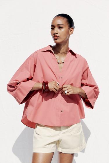 Zara WIDE SLEEVE POPLIN SHIRT - MARSALA