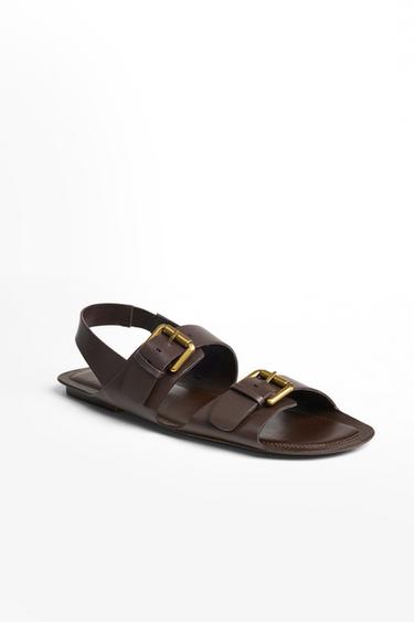 SANDÁLIA DE COURO COM FIVELAS - Marrom da Zara