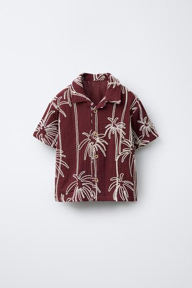 Zara EMBROIDERED PALM TREE TEXTURED SHIRT - Maroon