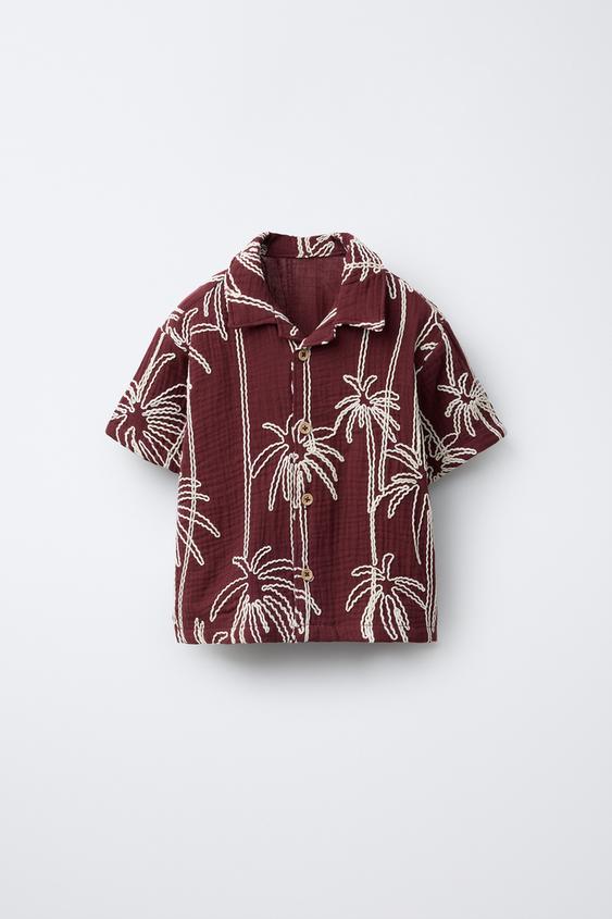 CHEMISE TEXTURÉE À PALMIERS BRODÉS - Grenat de Zara - Image 0