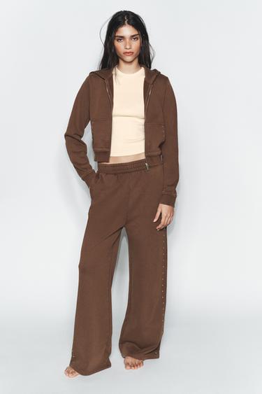 Zara WASHED EFFECT FLEECE PANTS WITH STUDS - Dark brown