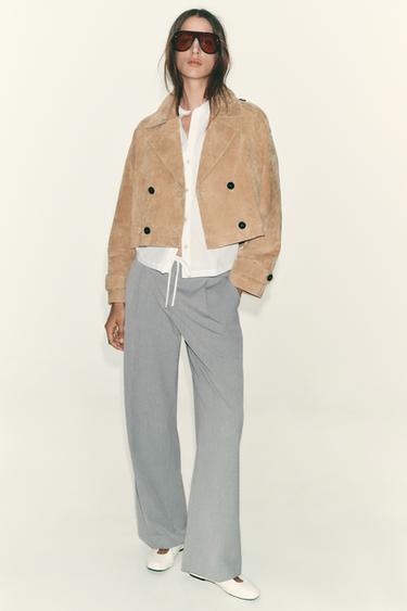Zara DOUBLE WAIST WIDE LEG PANTS - Gray