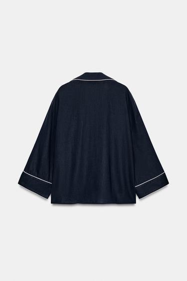 CHEMISE EN LIN À LISERÉS CONTRASTANTS - Bleu marine de Zara - Image 7