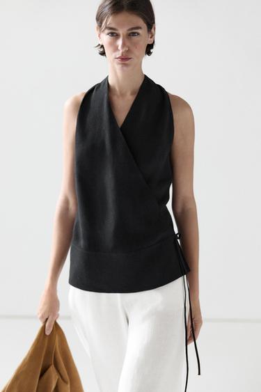 Zara Draped surplice top with corset belt detail - Black