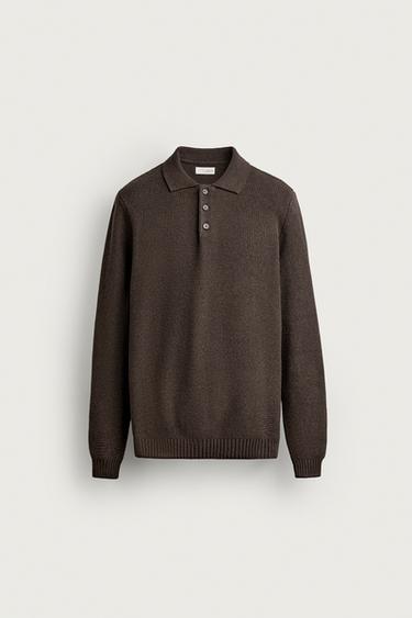 COTTON TEXTURED KNIT POLO — Brown 1