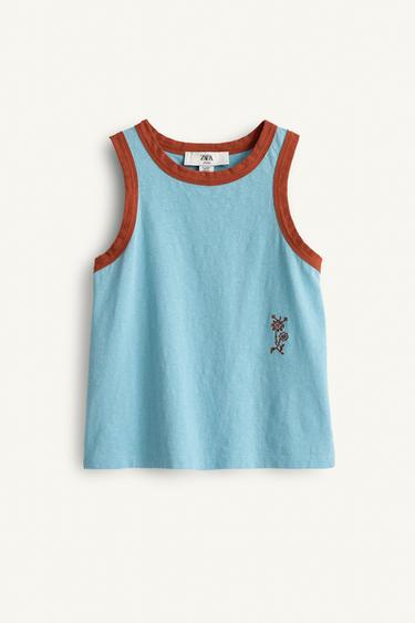 Zara LIMITED EDITION EMBROIDERED FLORAL SLEEVELESS TOP - Light blue