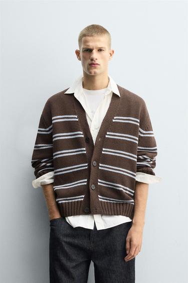 Zara STRIPED JACQUARD CARDIGAN - Brown