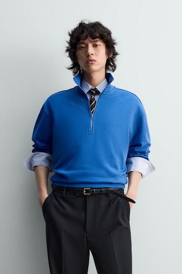 Zara REGULAR FIT QUARTER-ZIP SWEATSHIRT - Blue