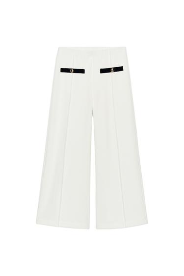 CALÇA CULOTTE COM TEXTURA - Cru / Azul-marinho da Zara