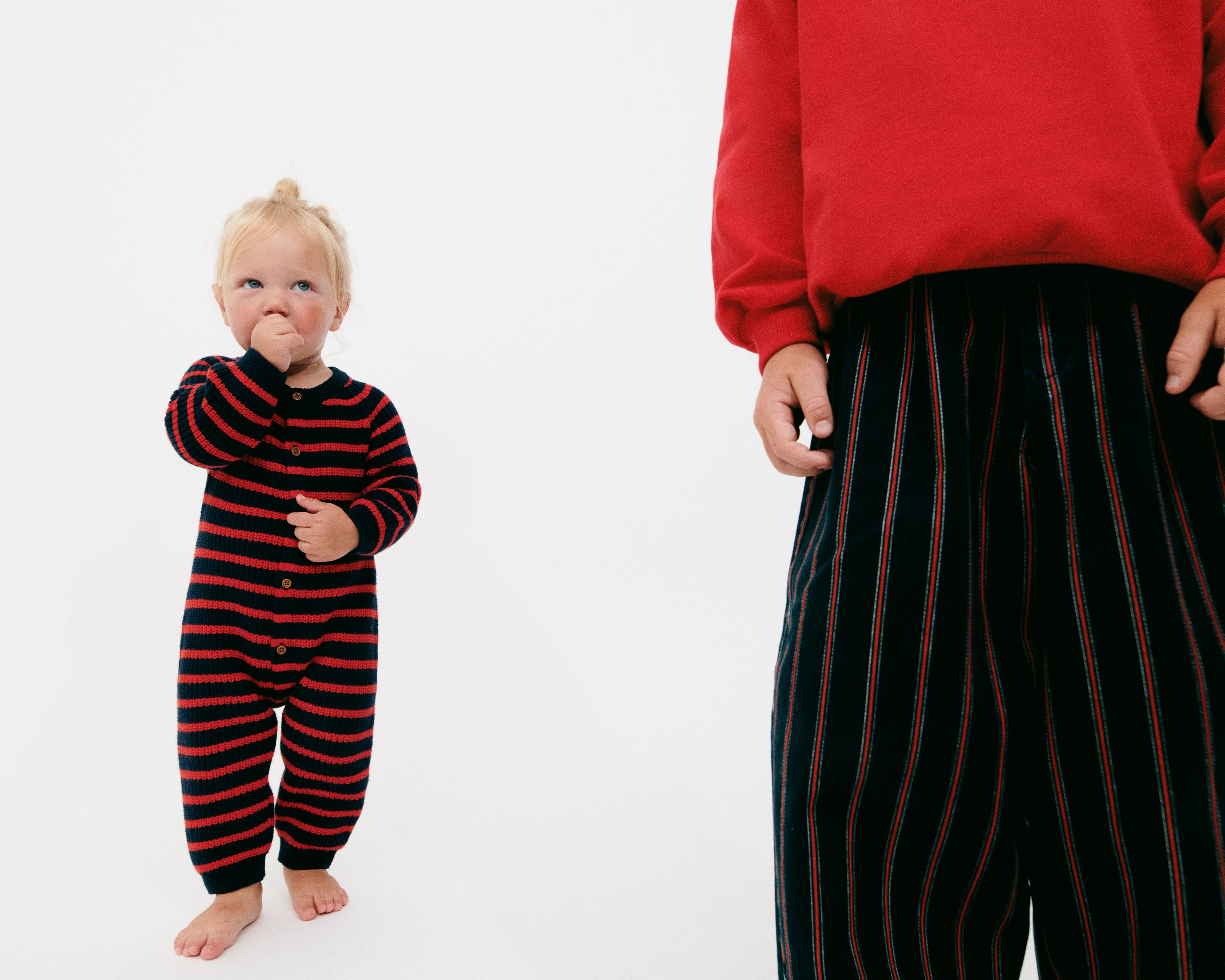 ZARA TIMELESS - COTTON AND WOOL BLEND STRIPED LONG JUMPSUIT — red/navy