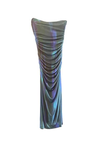 Strapless gathered maxi dress. Iridescent fabric in shades of grey, purple and blue, on a white background.