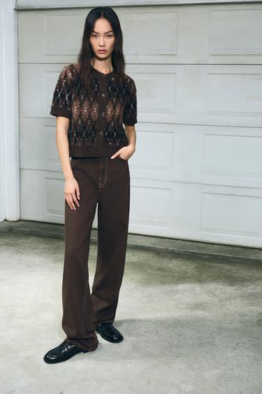 Zara TRF 高腰直筒牛仔褲 - 棕色