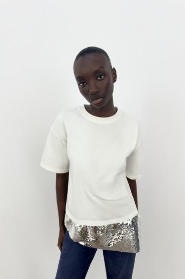 ASYMMETRIC SEQUIN T-SHIRT - Ecru by Zara