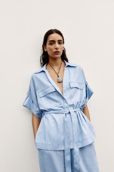 LINEN BLEND SAFARI SHIRT - Light blue by Zara - Image 1